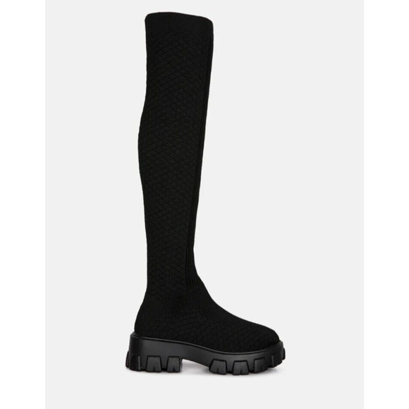 London Rag Shoes - London Rag Loro Stretch Knit Knee High Boots Sock Boots Moto Slip On Round Toe